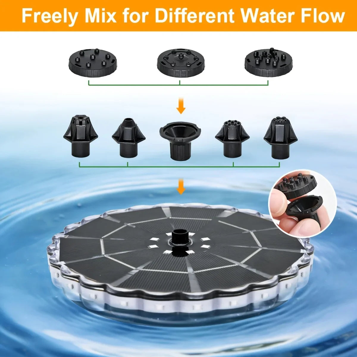 A solar-powered floating fountain with different water flow nozzles and a color-changing LED light.