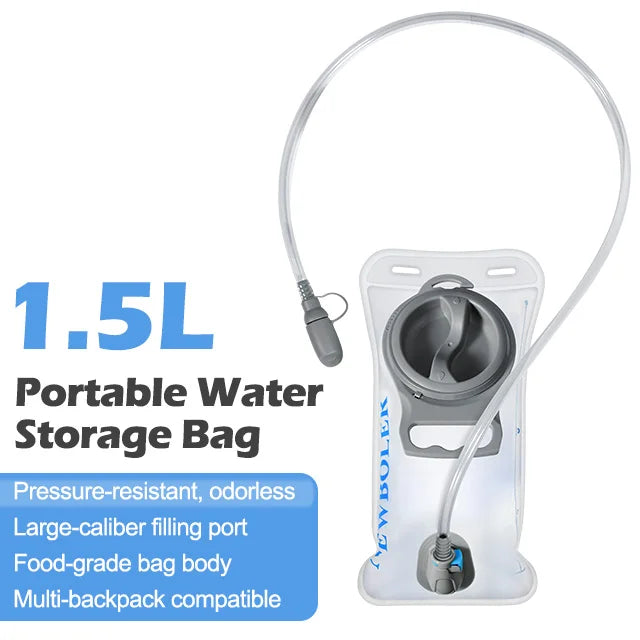 A clear portable water storage bag with a hose and filling port for outdoor activities