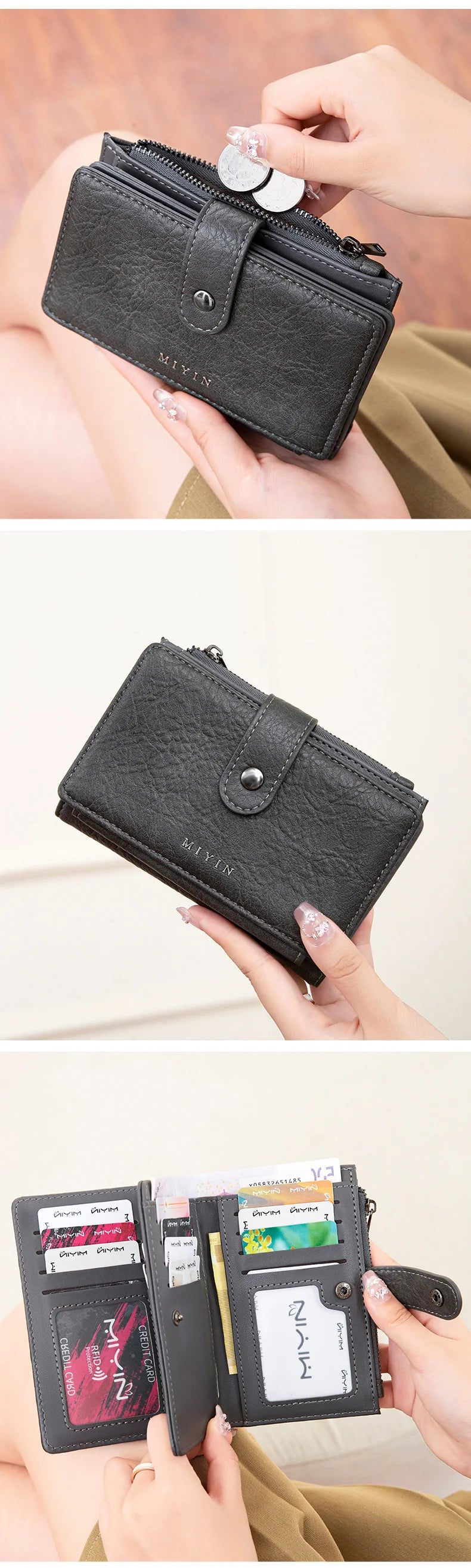 Portefeuille rabattu noir RFID, texture cuir et accent métallique, tenu par la main