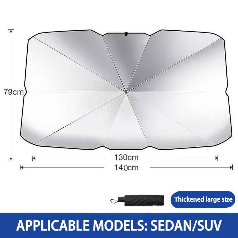 A silver car windshield sun shade umbrella with a pleated design, suitable for sedan or SUV.