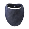 A dark gray knitted baby bib made of organic cotton muslin with an absorbent band around the neck.