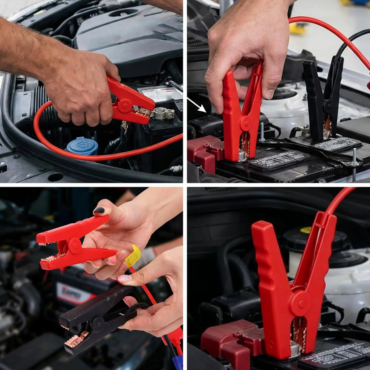 Hands clamp heavy-duty red jump starter cables onto a car battery terminal for vehicle jump starting.