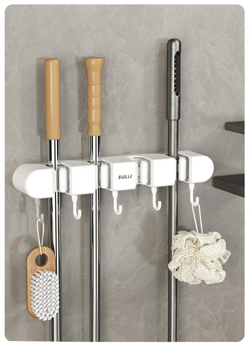 Wall-Mounted Mop and Broom Holder with Adhesive Mount
