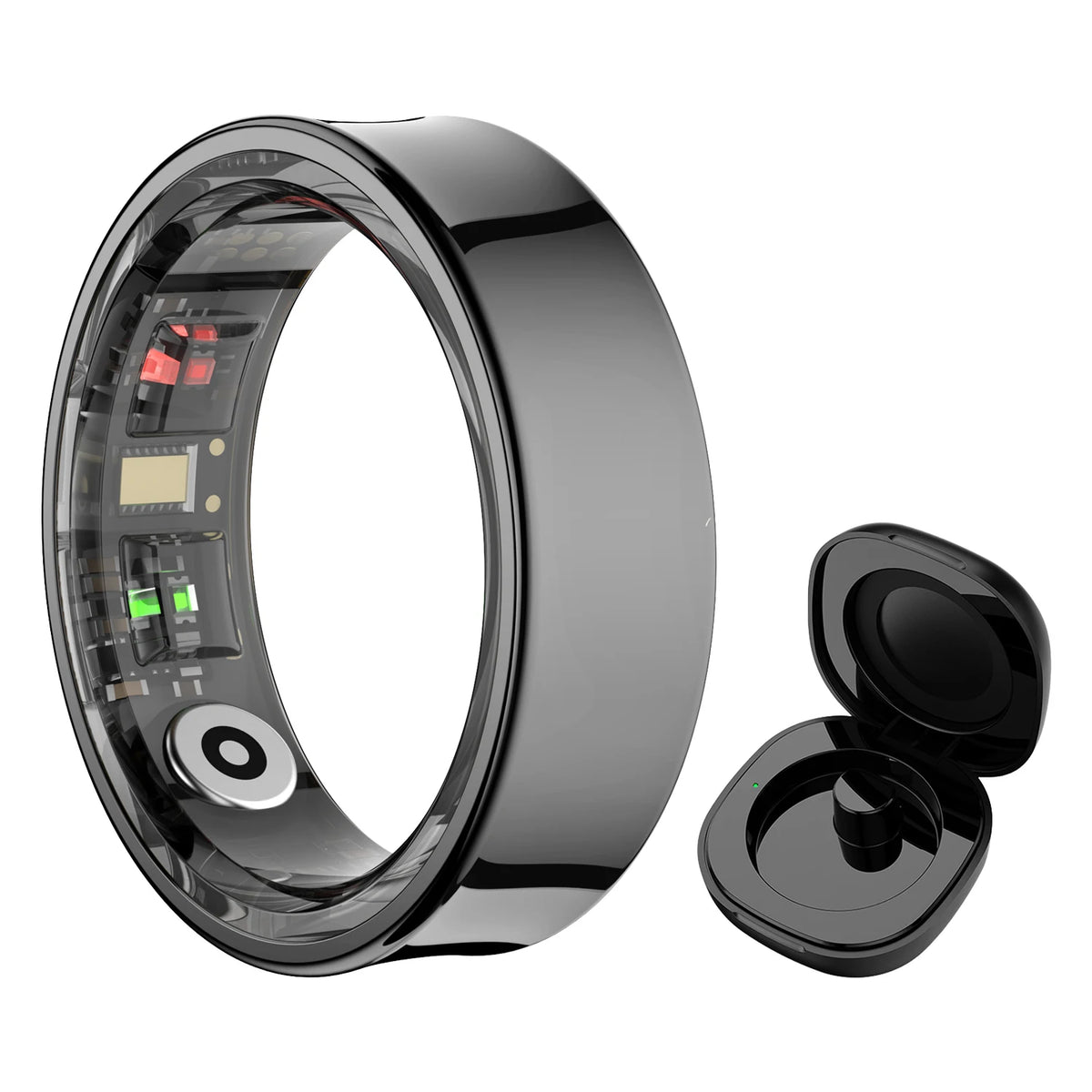A sleek black smart ring for health and activity tracking, shown with the battery compartment open.