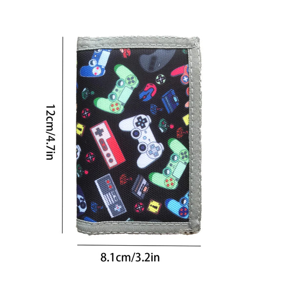 A gray trifold wallet featuring a pattern of various video game console icons.