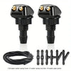 A set of black windshield washer hose connectors and nozzles for a universal kit.