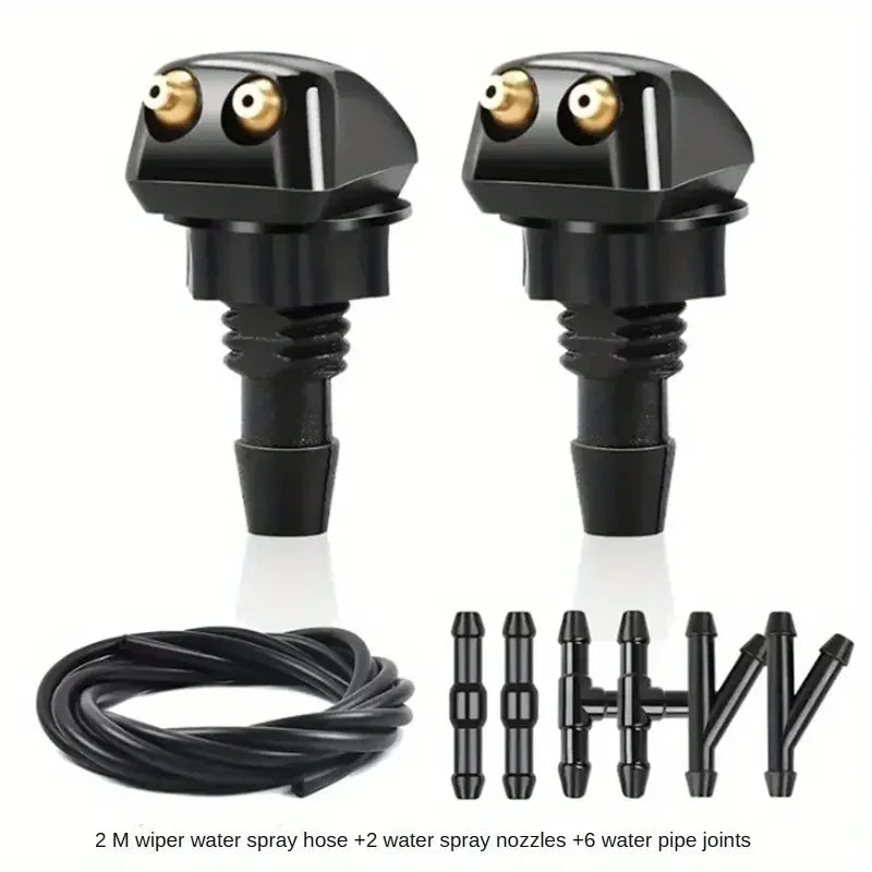 A set of black windshield washer hose connectors and nozzles for a universal kit.