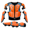 Kids motocross body armor set featuring an orange and blue protective vest with separate elbow and knee pads