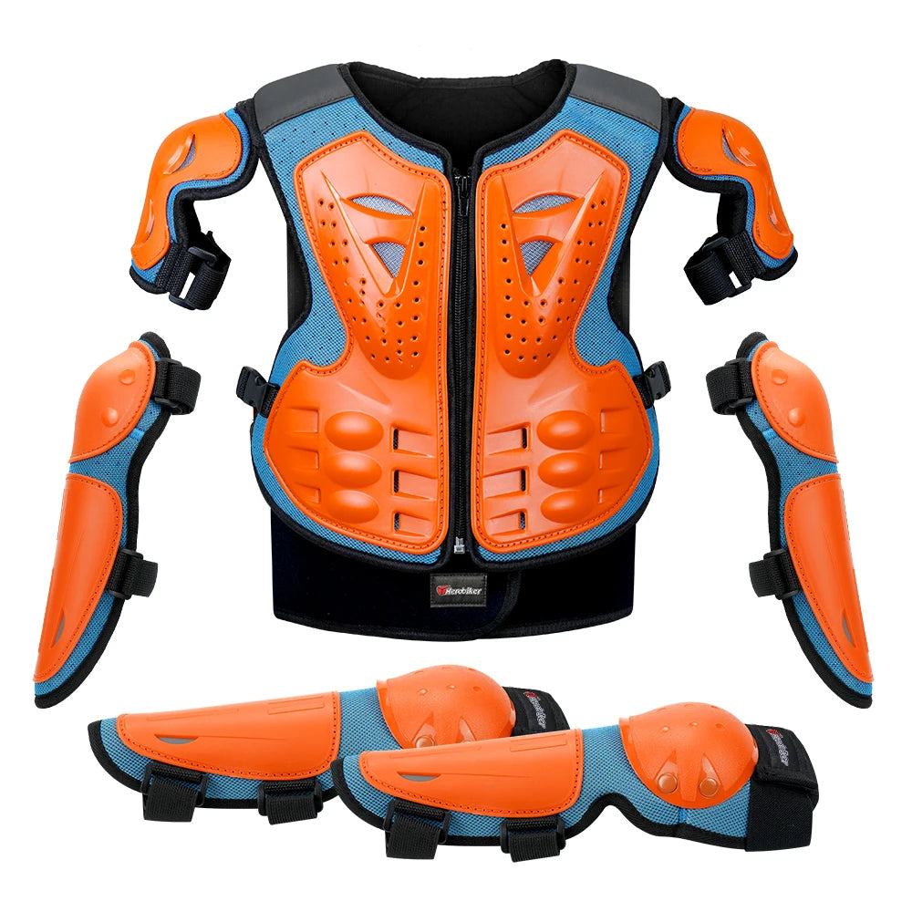Kids motocross body armor set featuring an orange and blue protective vest with separate elbow and knee pads