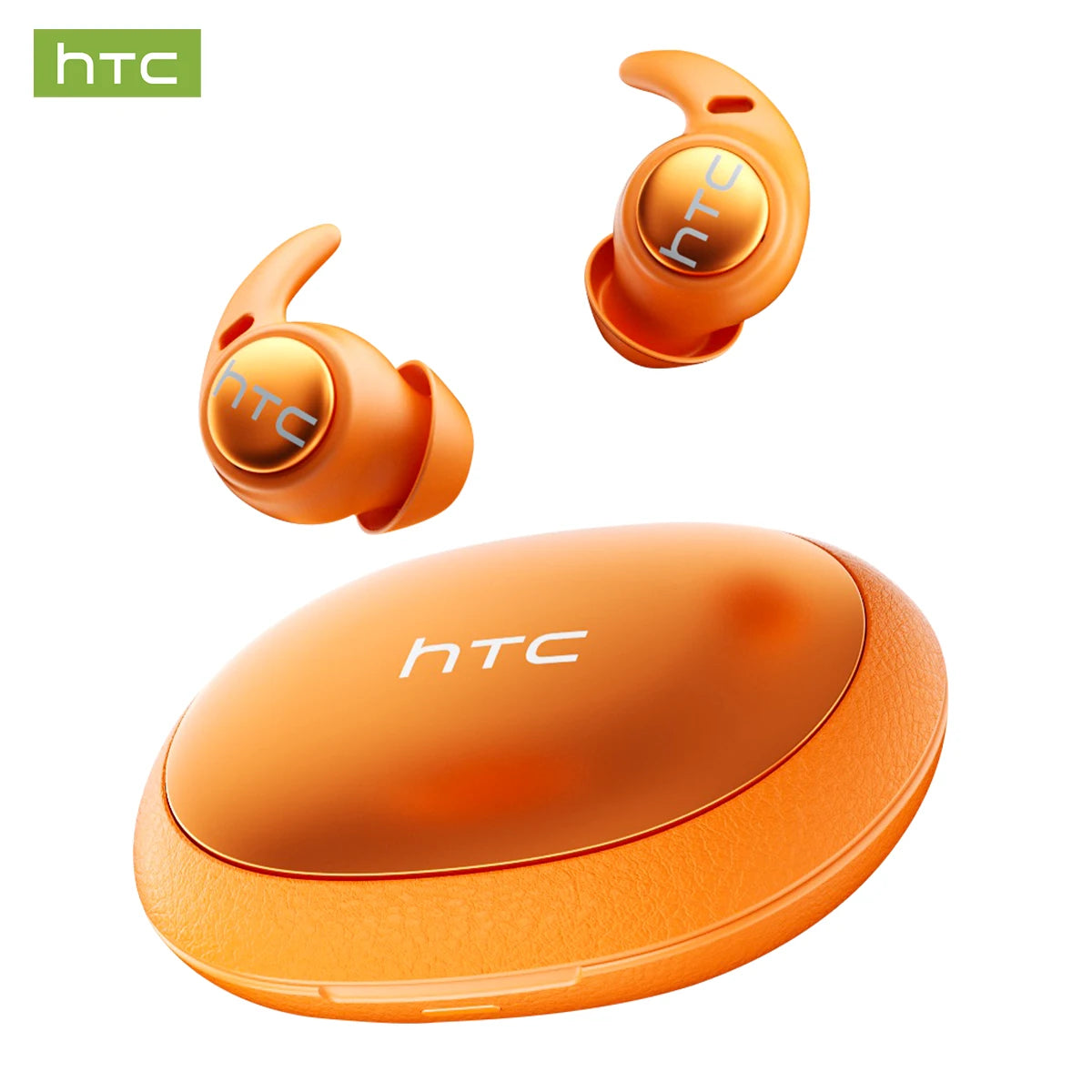 Auriculares HTC Ultra-Light naranja y estuche de carga en varios ángulos