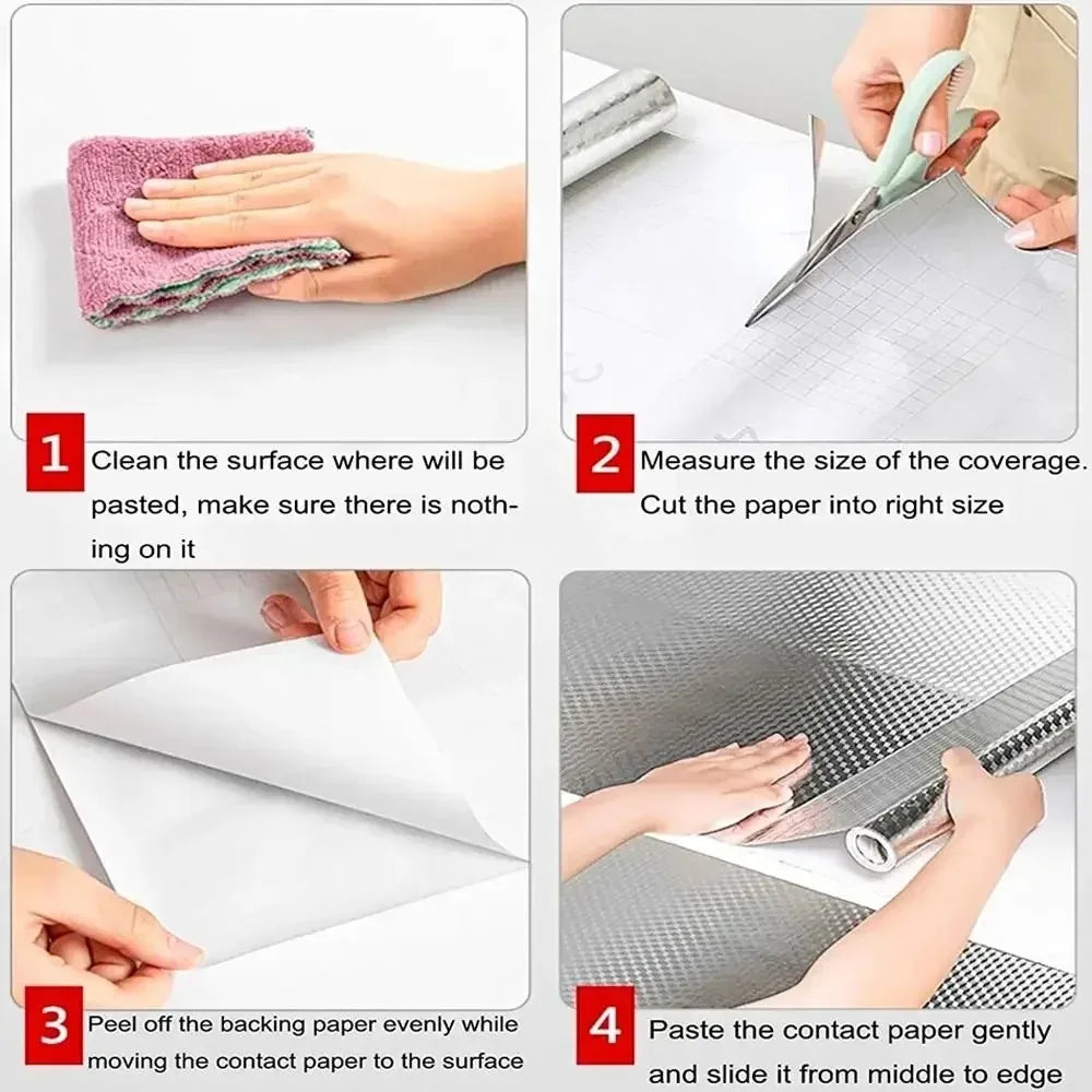 Step-by-step guide showing how to apply a self-adhesive oil-proof kitchen cabinet sticker.