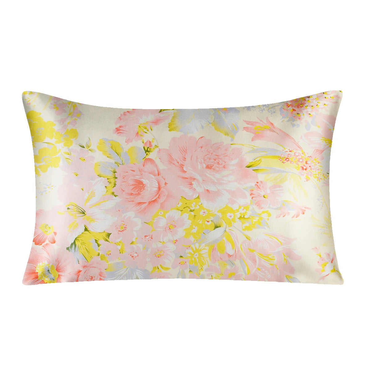 Quadratische Seidenkissenhülle mit Blumenmuster in Rosa und Gelb.