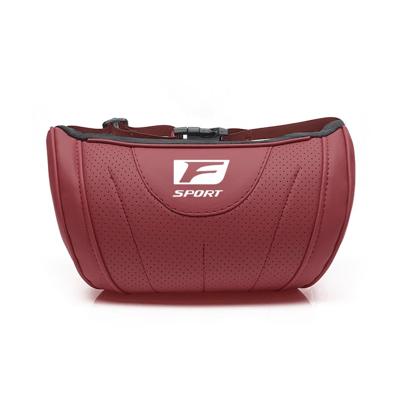 A maroon memory foam car seat headrest neck pillow with a textured surface and an F Sport logo.