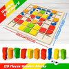 A wooden grid board puzzle set with 120 wooden blocks in various colors and shapes.