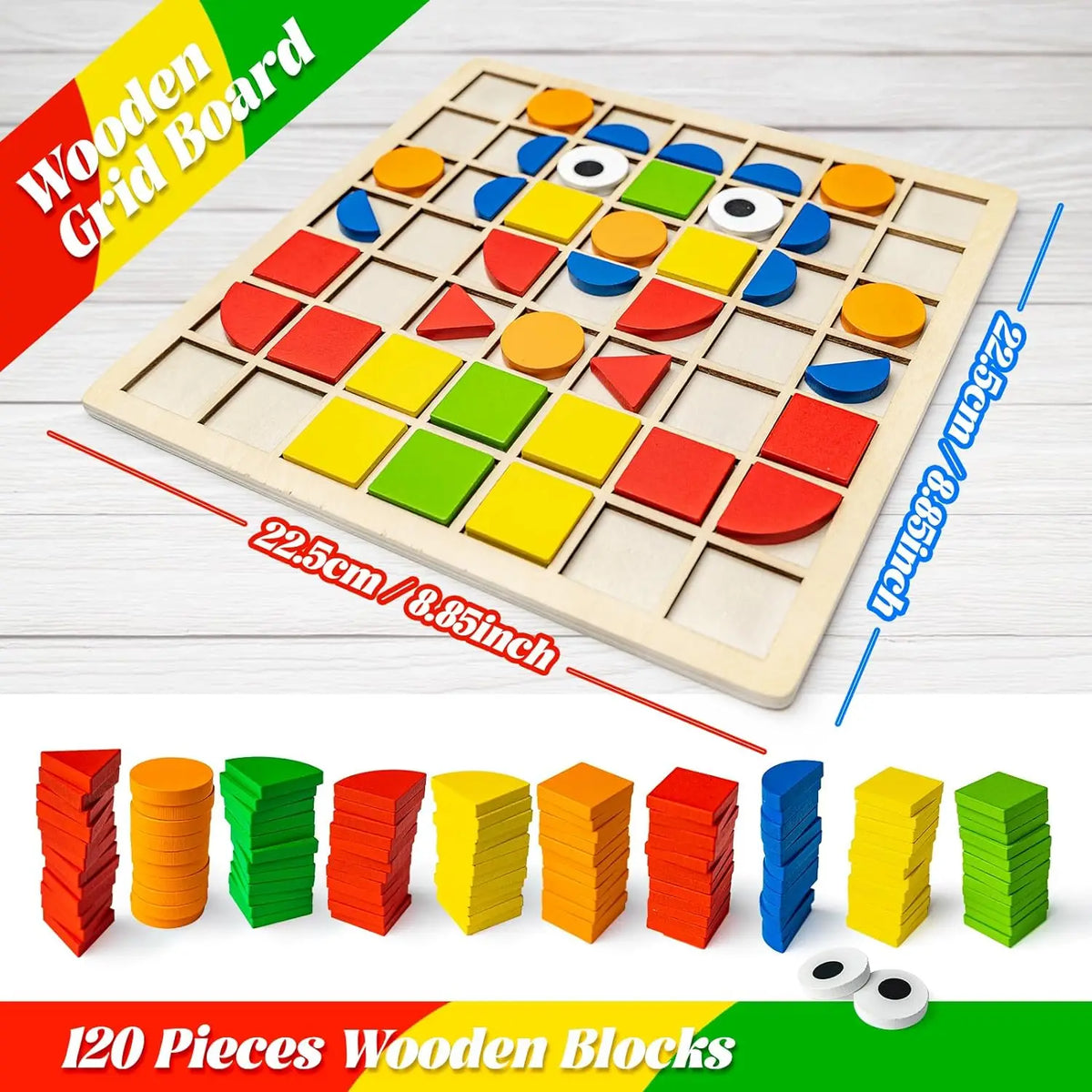 A wooden grid board puzzle set with 120 wooden blocks in various colors and shapes.