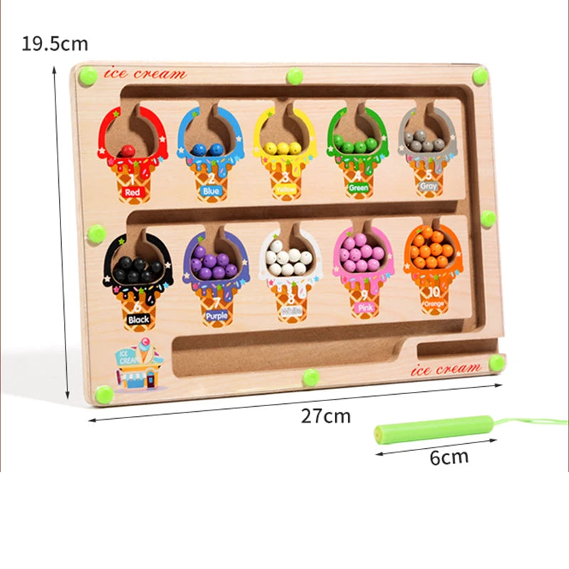 Wooden magnetic color sorting maze board with ice cream shaped compartments for kids