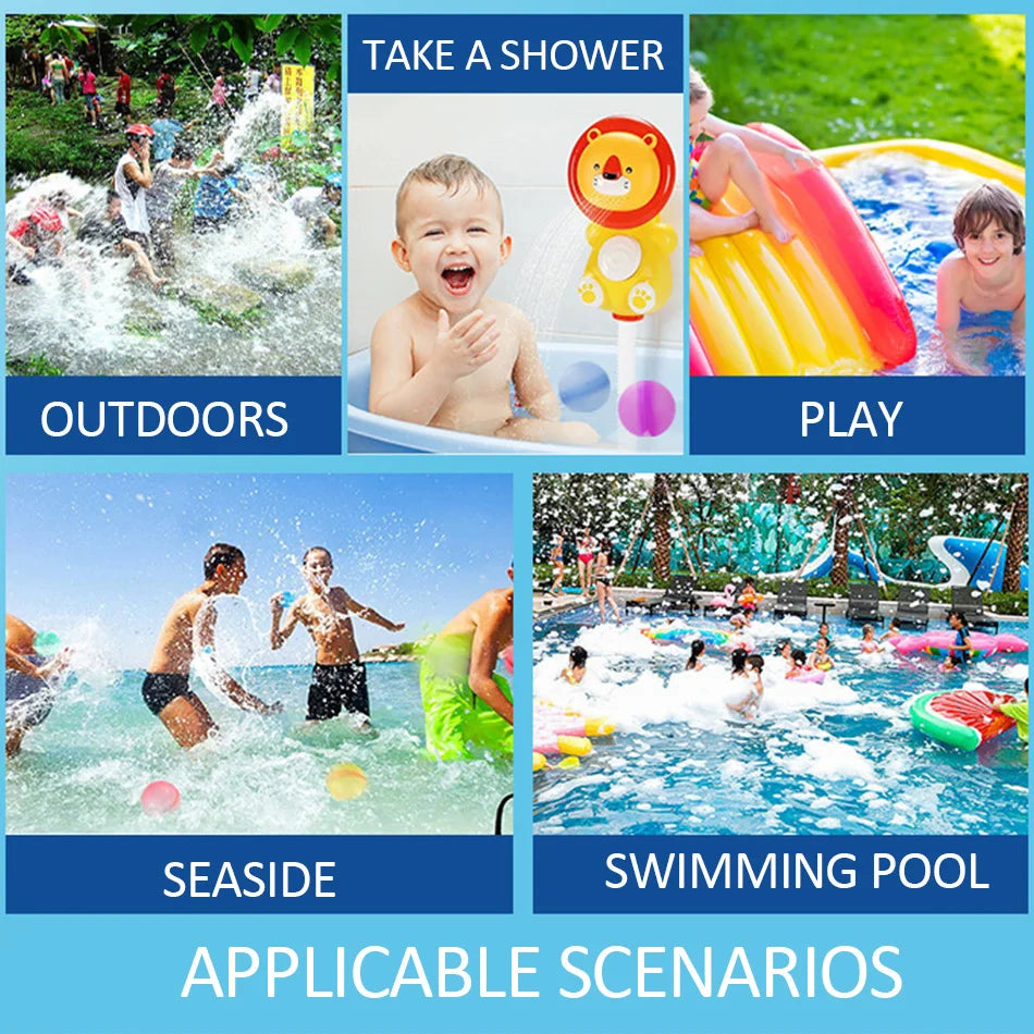 Image showing various scenarios of using reusable splash water balloons for outdoor play, poolside fun, and seaside activitie