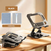 A black adjustable tablet stand is shown with its handset component and a folded version on a wooden surface.