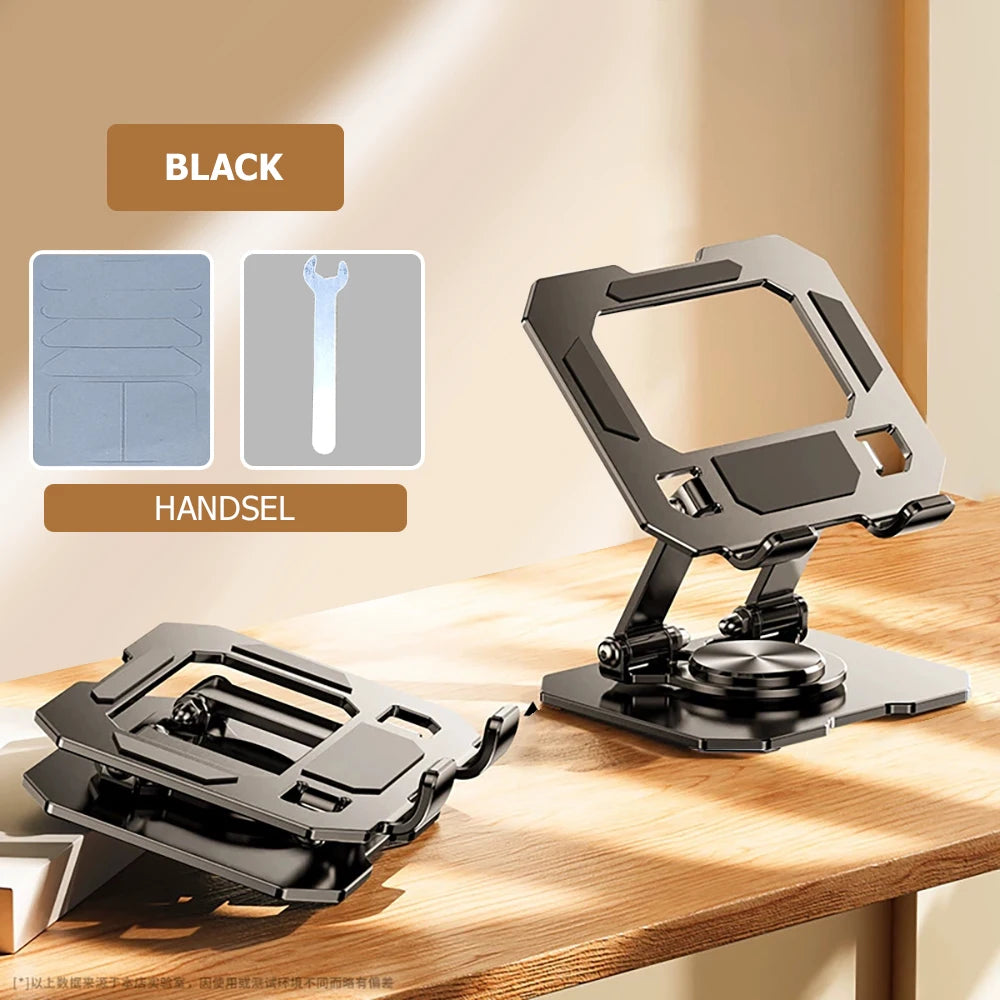 A black adjustable tablet stand is shown with its handset component and a folded version on a wooden surface.