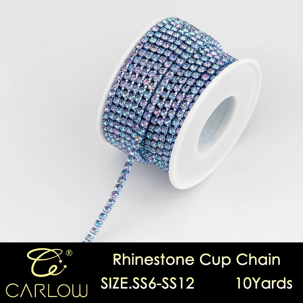A roll of rhinestone cup chain featuring multi-color glass stones, labeled as SIZE.SS6-SS12 and 10 yards.