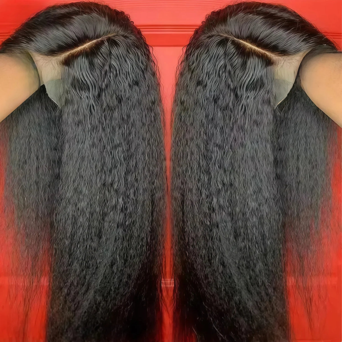 Two long dark hair extensions or wigs are displayed against a red background.