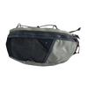 A gray and black nylon crossbody bag with a mesh front and adjustable strap.