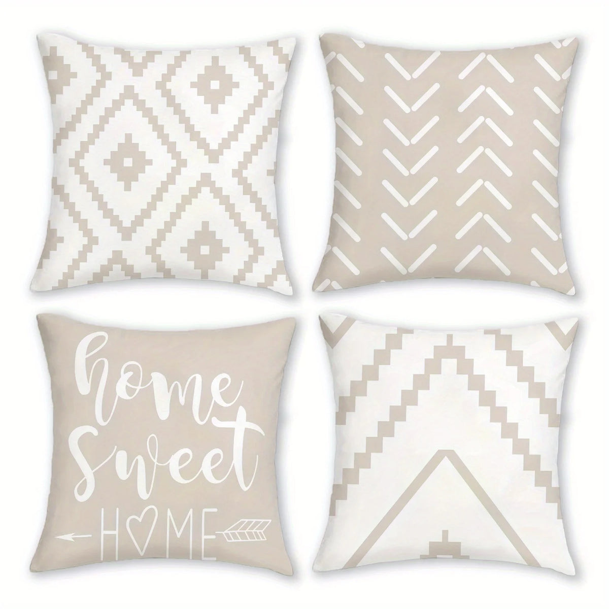 A set of four decorative pillowcases featuring a geometric pattern in beige and white tones.