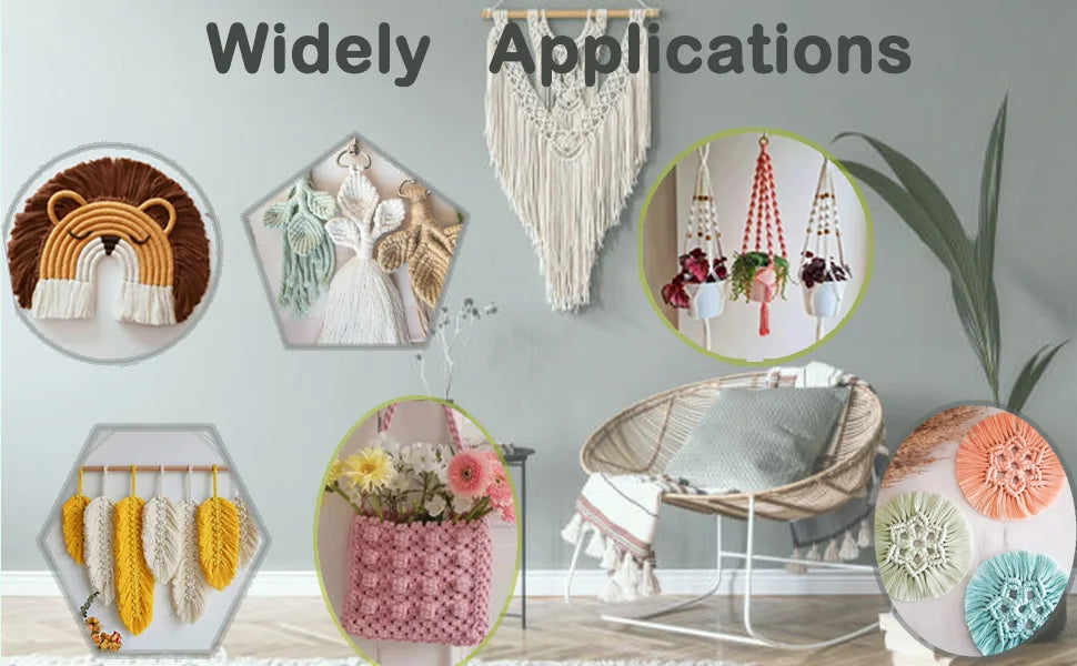 Various macrame cord applications including animal shapes, plant hangers, and decorative items.