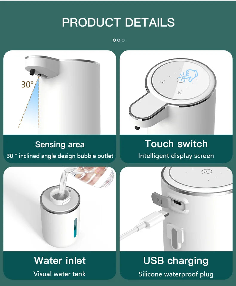 A white touchless automatic soap dispenser showing its sensing area, water inlet, and USB charging features.