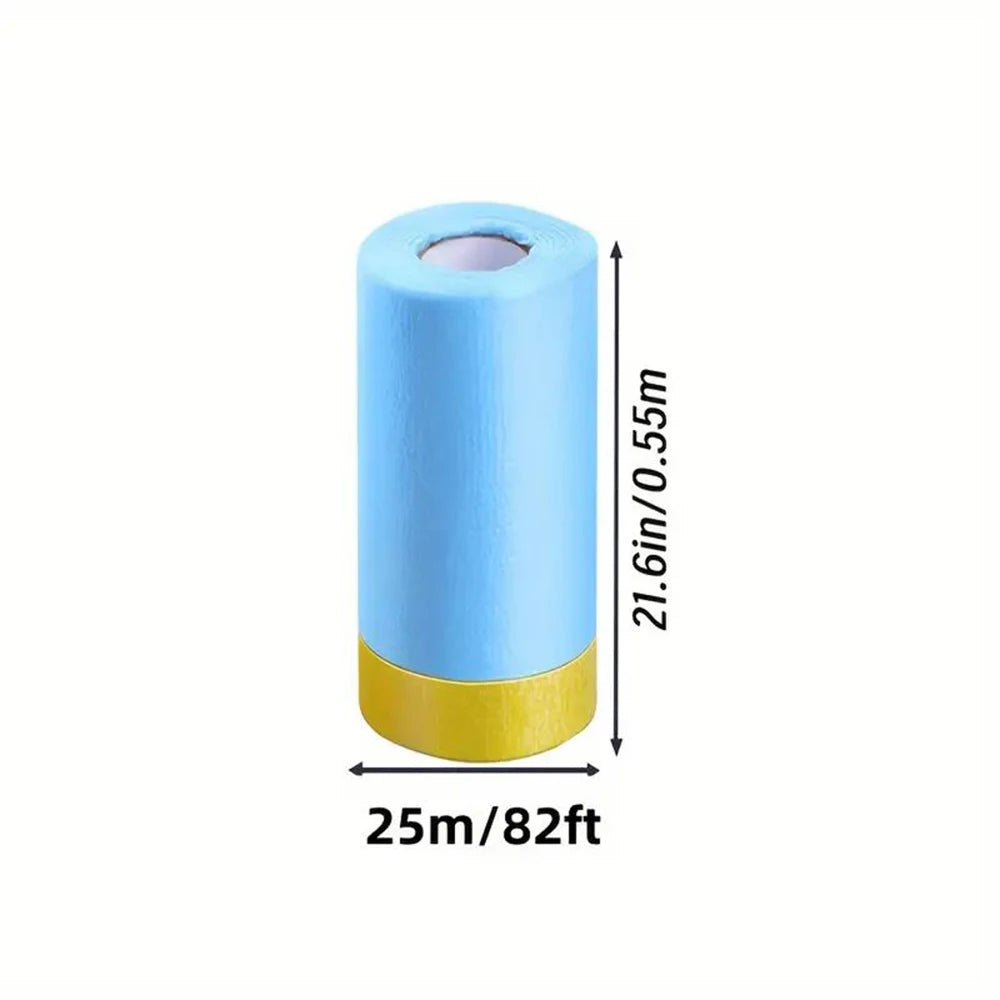 Roll of light blue pre-taped masking film for painting projects, measuring 21.6 inches in diameter and 25 meters long.