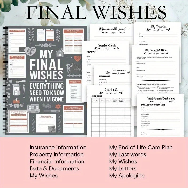 A collection of final wishes documents and planning forms for end-of-life arrangements.