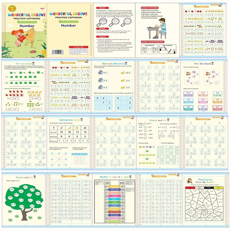A set of reusable magic copybooks for kids featuring number and handwriting practice exercises.