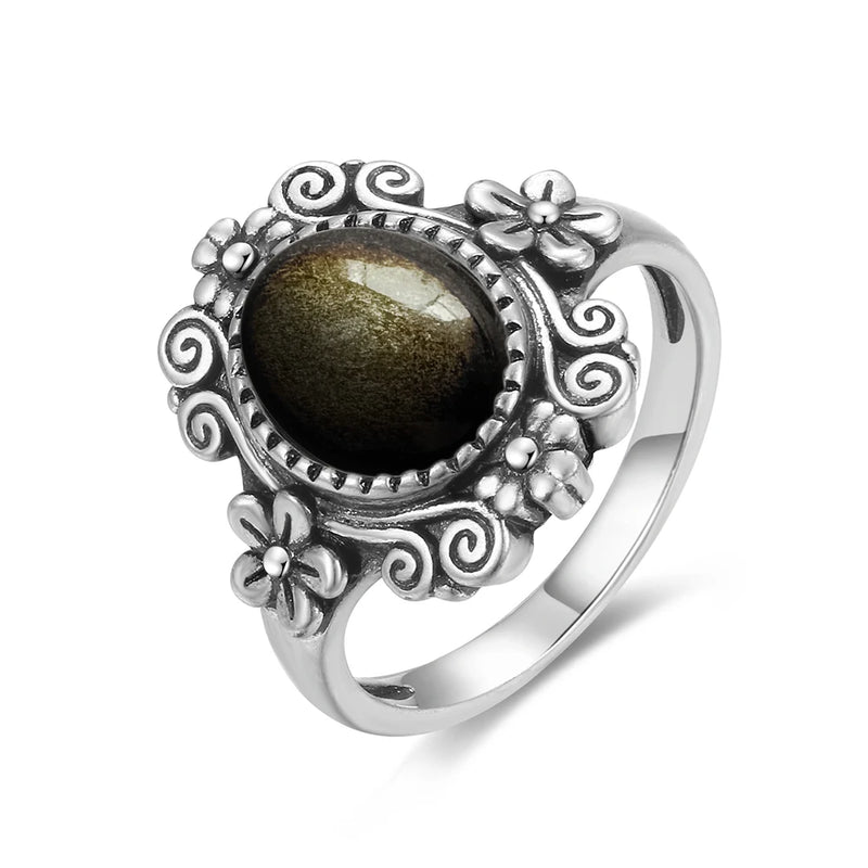 Vintage Sterling Silver Obsidian Ring with Sun and Flower Motif