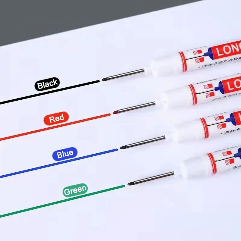 A set of eight long nib markers in black, red, blue, and green colors are shown with tips ready for use.