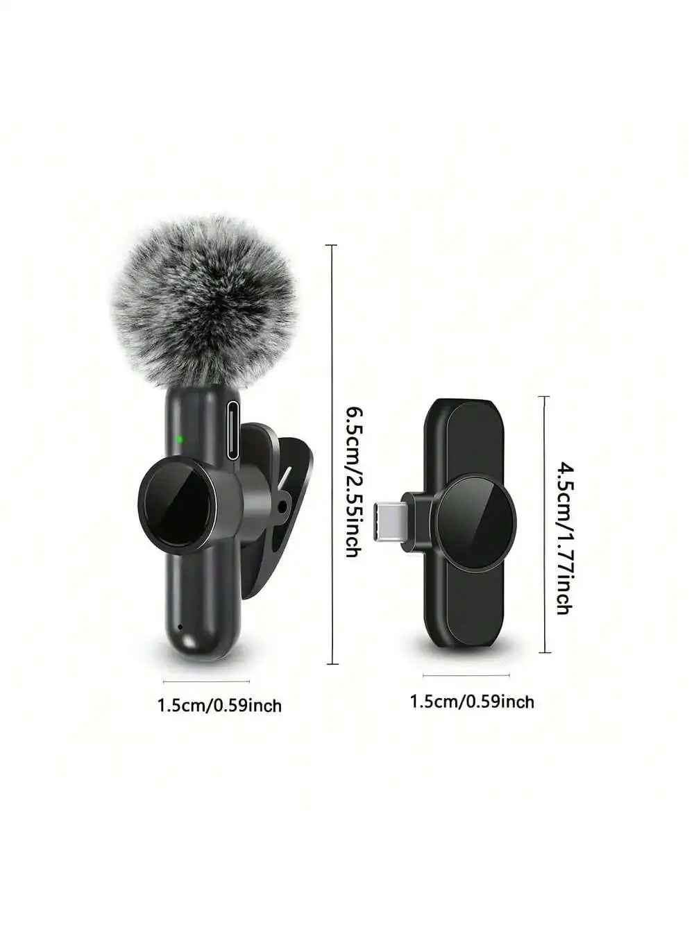A black wireless lavalier microphone with a fluffy gray foam windscreen shown in various dimensions.