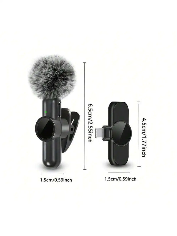 A black wireless lavalier microphone with a fluffy gray foam windscreen shown in various dimensions.