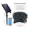 A solar string light setup showing the light strip, power source, and dimension measurements.