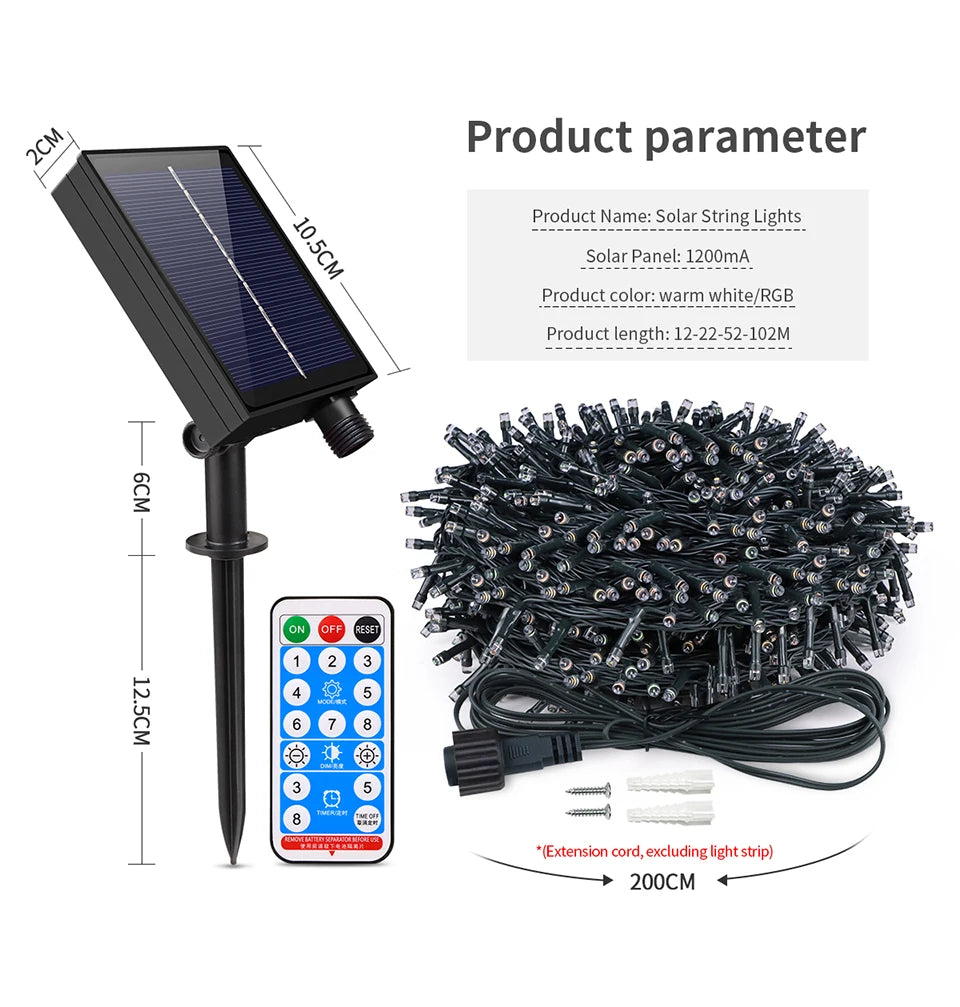 A solar string light setup showing the light strip, power source, and dimension measurements.