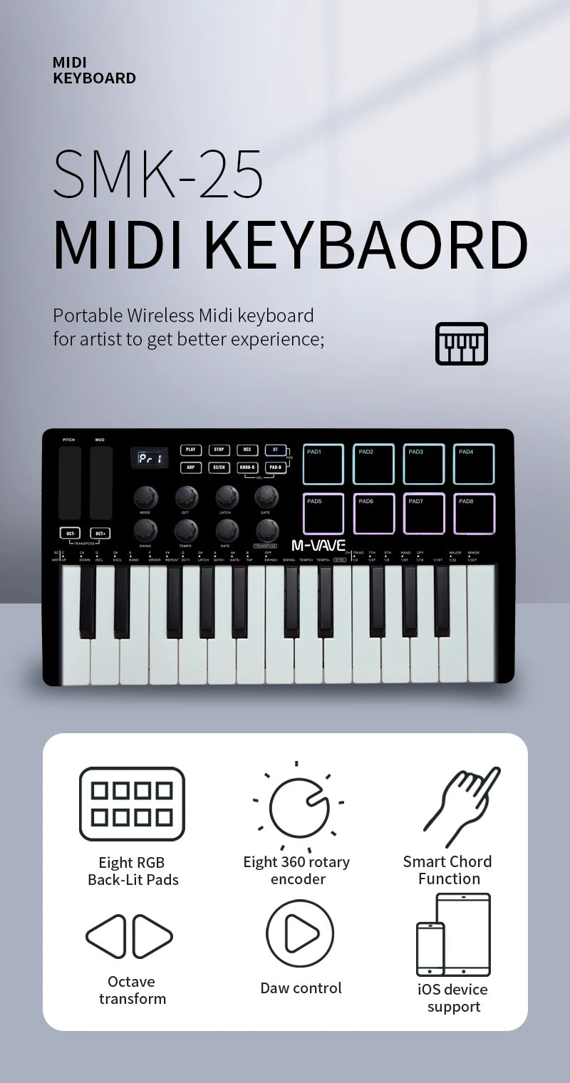 Portable 25-Key MIDI Controller with Pads and Wireless Connectivity