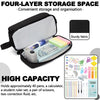 A black four-layer storage pencil case holding pens, a calculator, rulers, and scissors.