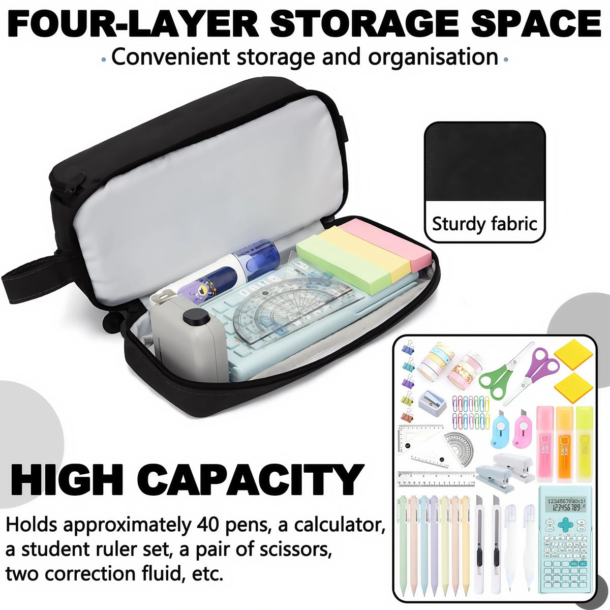 A black four-layer storage pencil case holding pens, a calculator, rulers, and scissors.