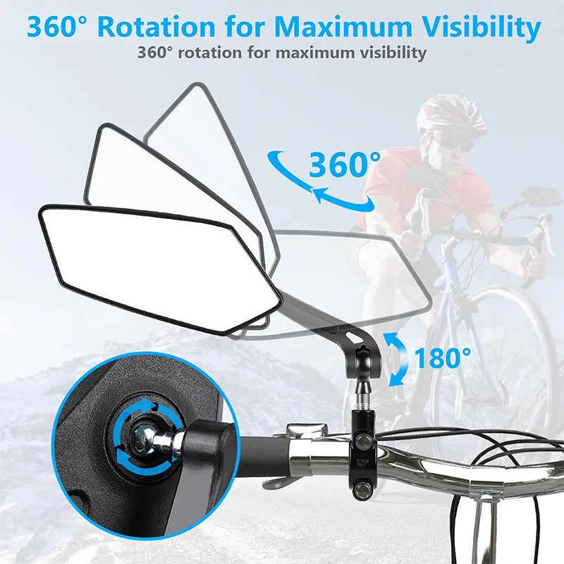 A rearview mirror for a bicycle handlebar showing 360 degree rotation capability.