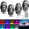 A set of rechargeable wireless LED strobe lights in various colors and modes shown alongside a drone.