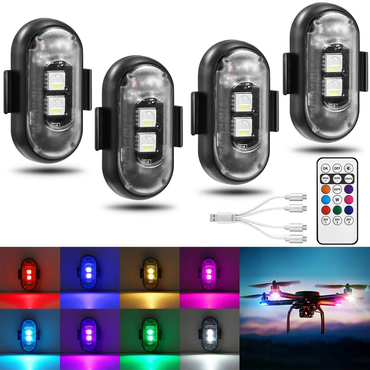 A set of rechargeable wireless LED strobe lights in various colors and modes shown alongside a drone.
