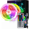 A circular LED light strip glows with multiple colors and patterns, displayed next to a smartphone and remote control.
