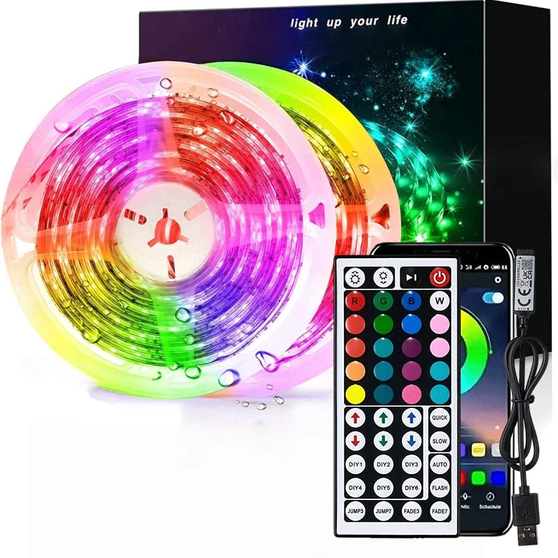 A circular LED light strip glows with multiple colors and patterns, displayed next to a smartphone and remote control.