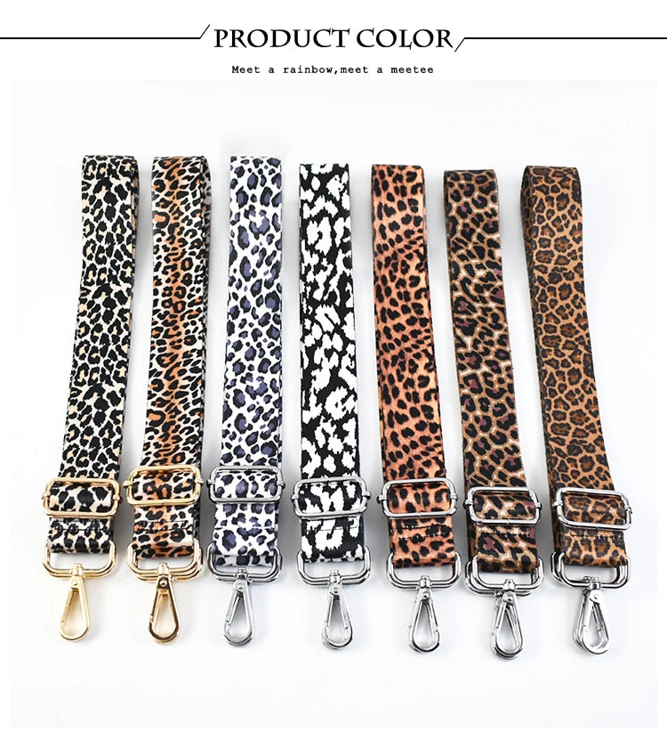 A collection of leopard print wide adjustable crossbody bag straps in various shades and patterns.