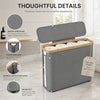 A gray bamboo-framed toilet paper storage basket with a lid, showing details like water resistance and clear window.