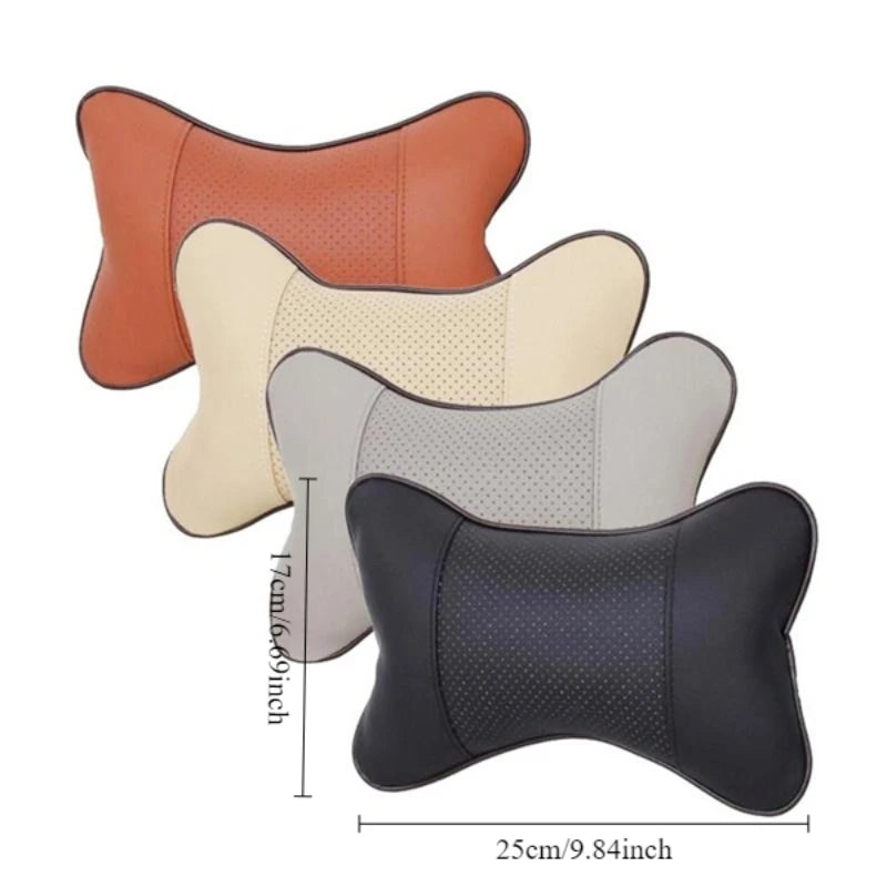 A set of three leather knitted car neck pillows in shades of brown, beige, and black.