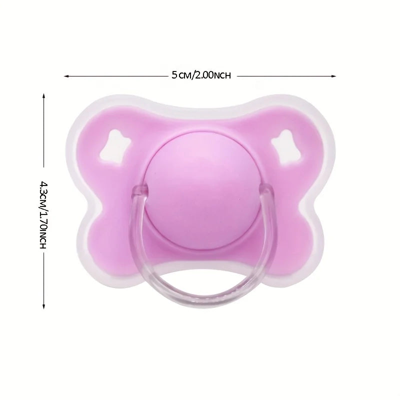 A pink silicone baby pacifier with a flower design and protective cover, shown from above.
